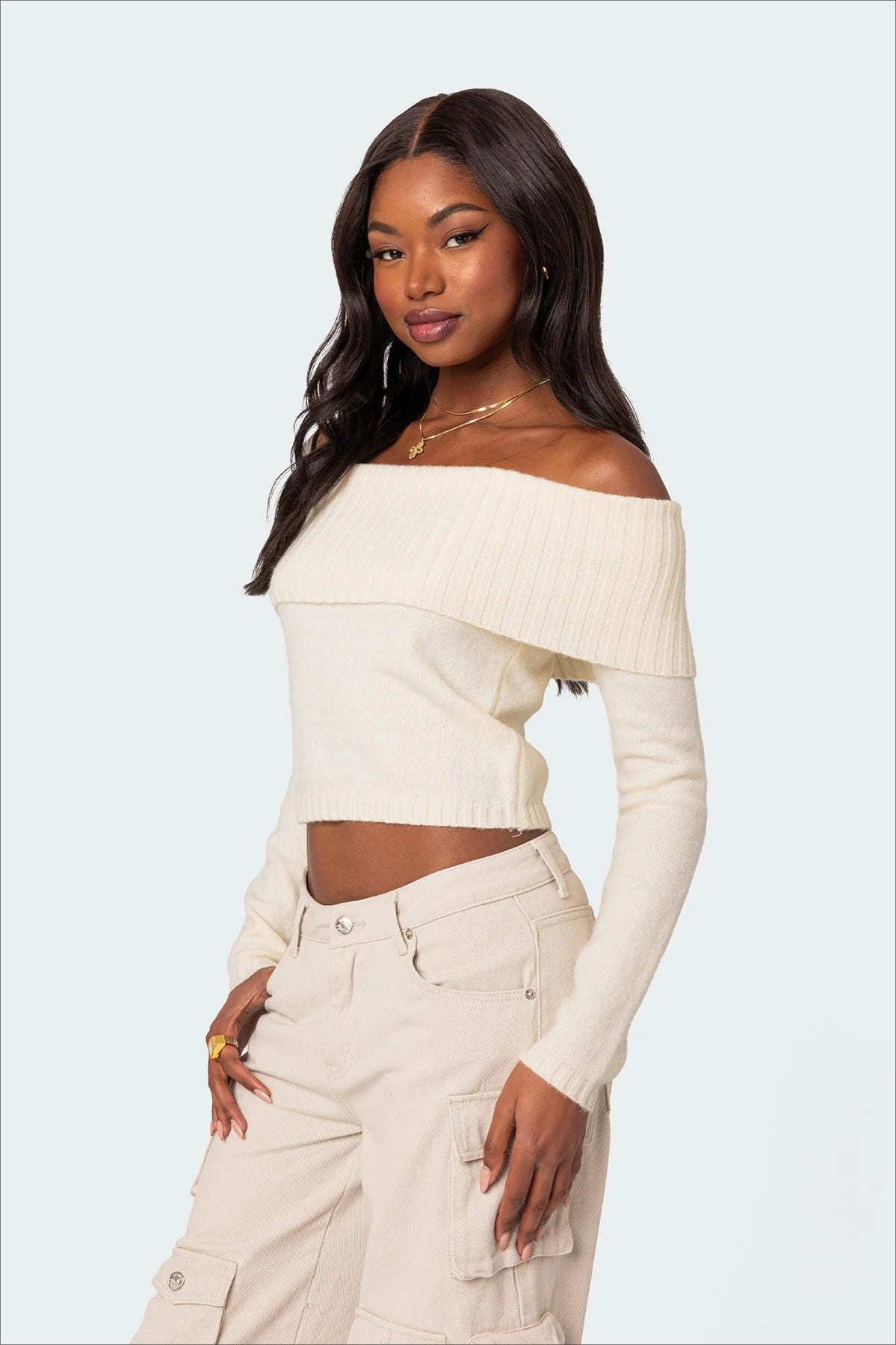 Solid Off Shoulder Pullover Sweater
