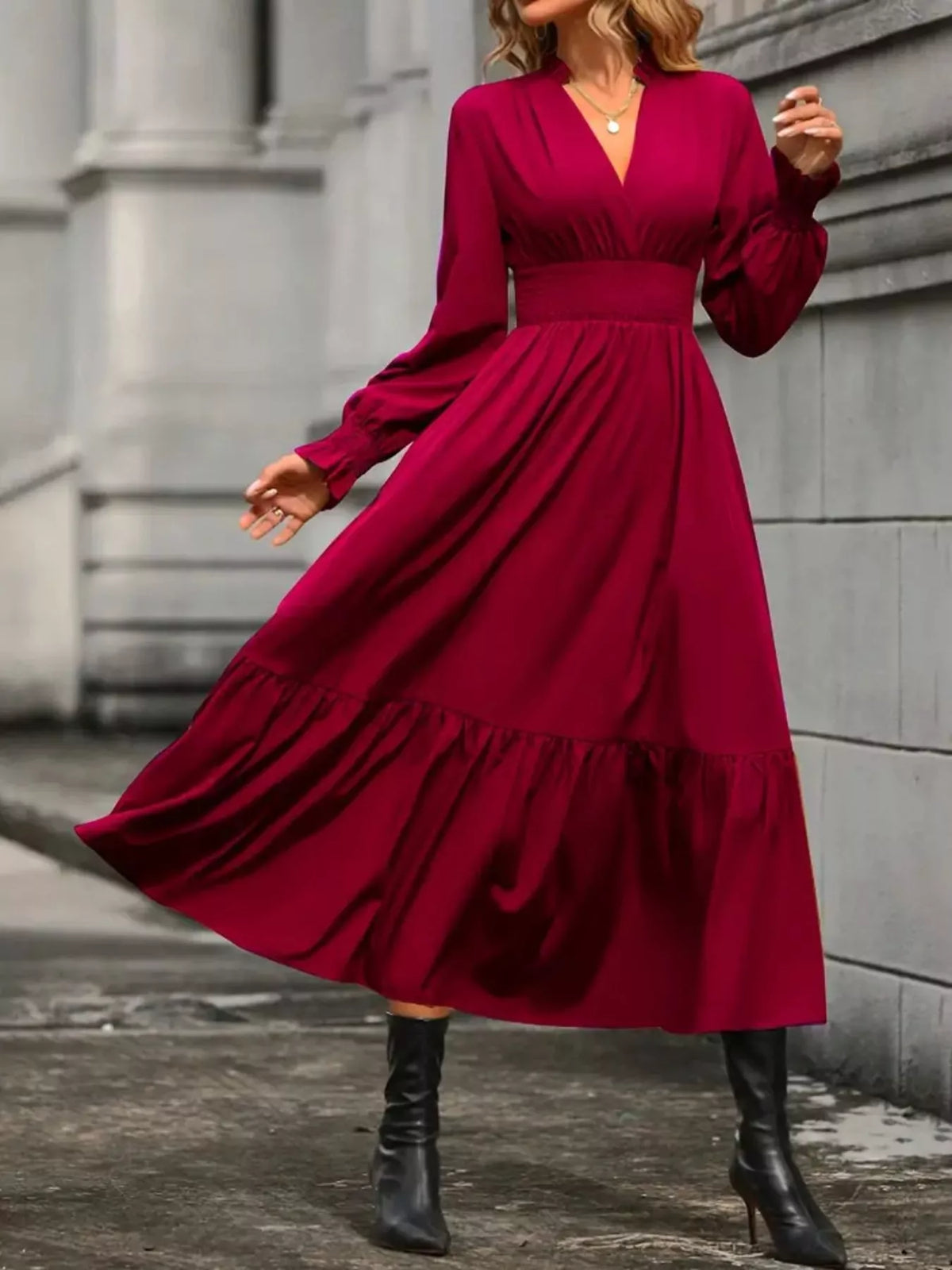 Surplice V-Neck Smocked Waist Balloon Sleeve Tiered Midi Dress 2