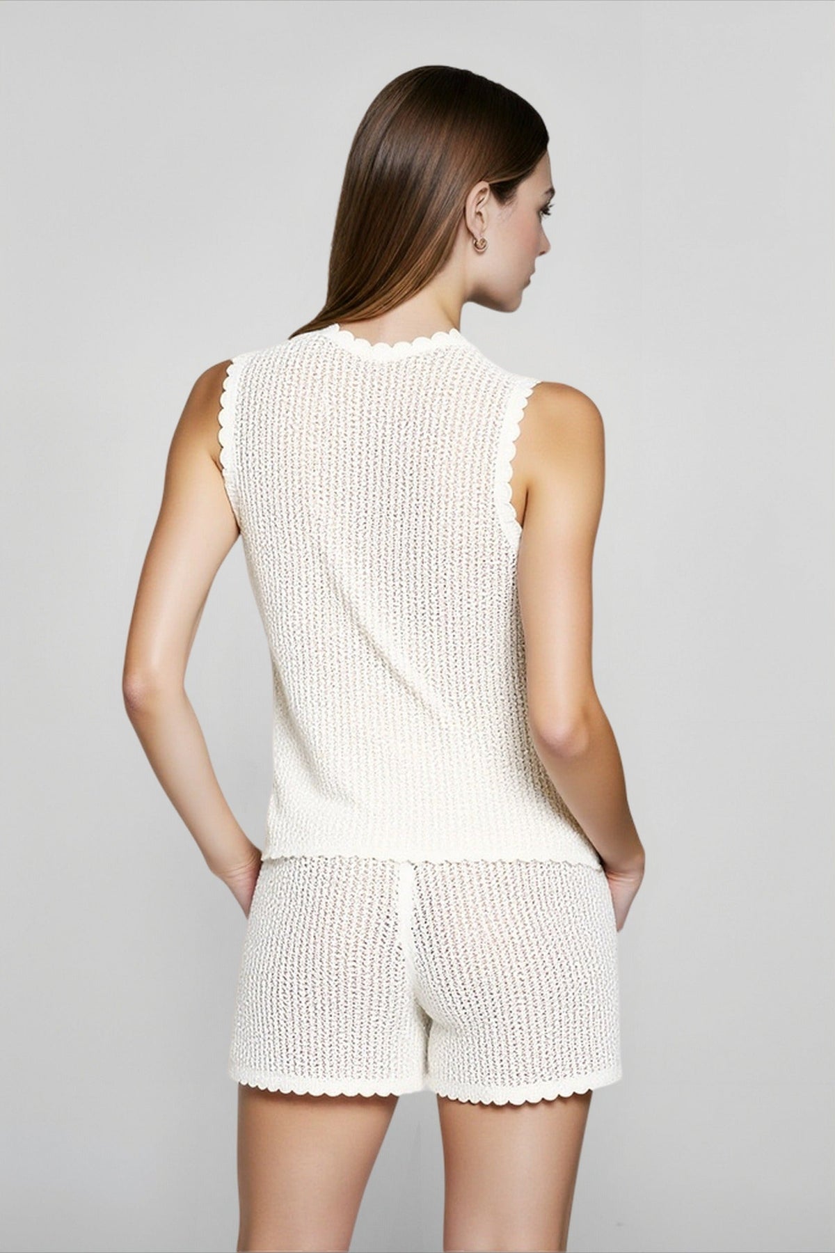 Crochet Knit Sleeveless Button Front Top and Scalloped Shorts Two Piece Set 4
