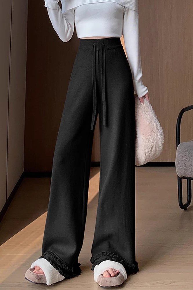 High Waist Fringed Hem Knit Pants