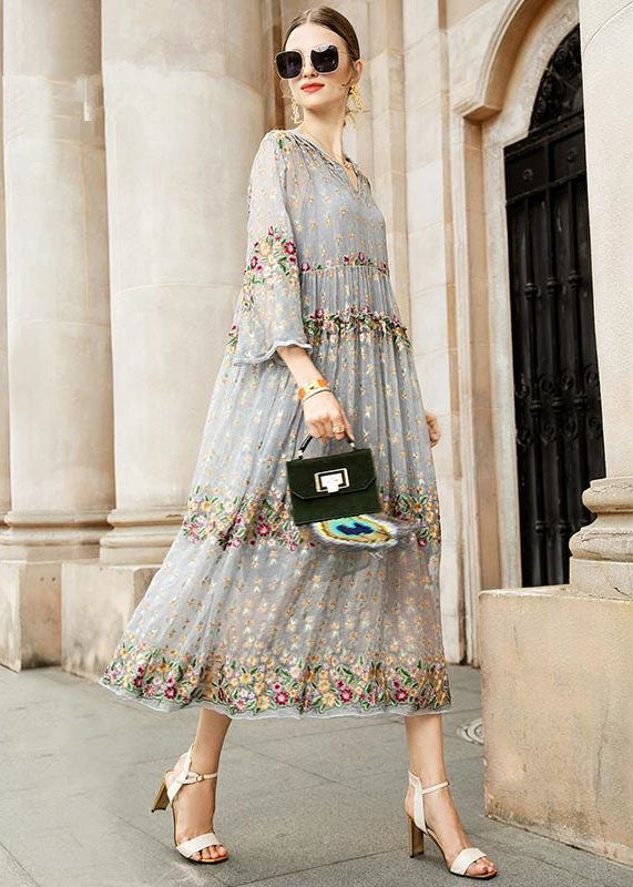 Boutique Grey V Neck Embroidered Tulle Dresses Two Pieces Set - View 3