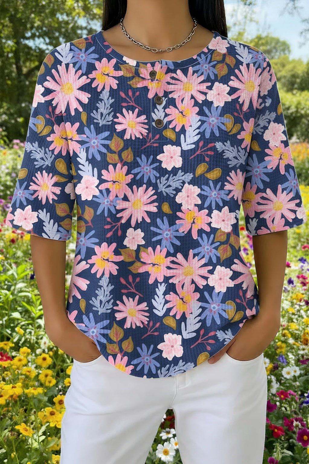 Floral Print Waffle Knit Button Henley Short Sleeve Top