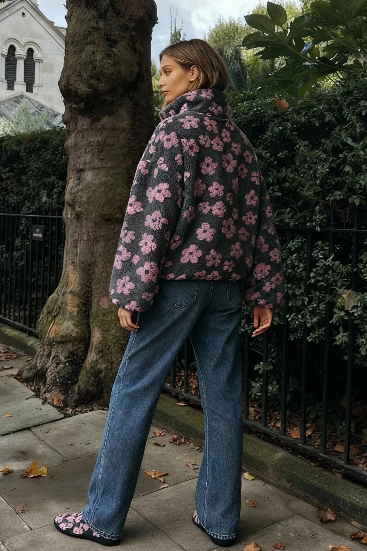 Floral Fleece Half Zip Stand Collar Oversized Sweatshirt 4