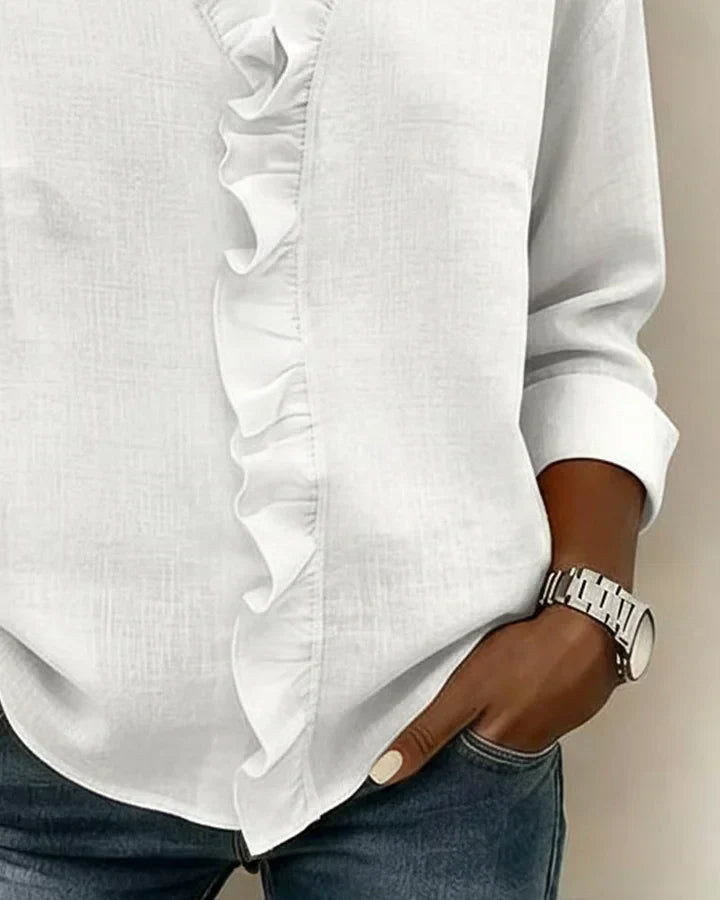 Ruffle Placket V-Neck Long Sleeve Blouse