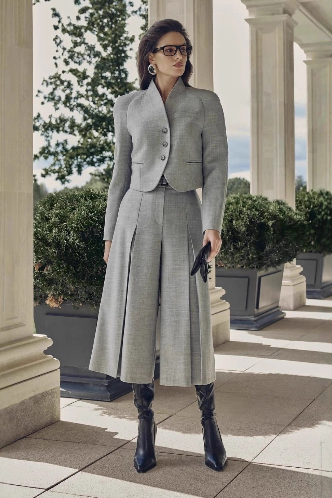 Cropped Stand Collar Blazer and Pleated Culottes Two Piece Set