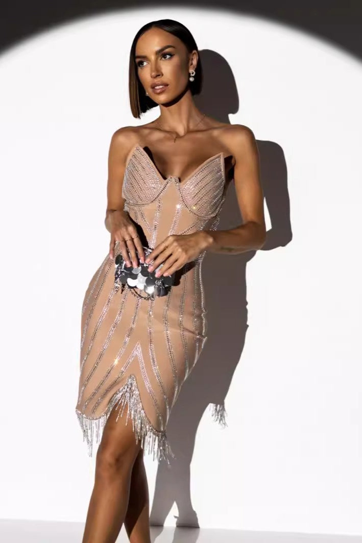 Rhinestone Strapless Corset Fringe Hem Bodycon Midi Cocktail Dress