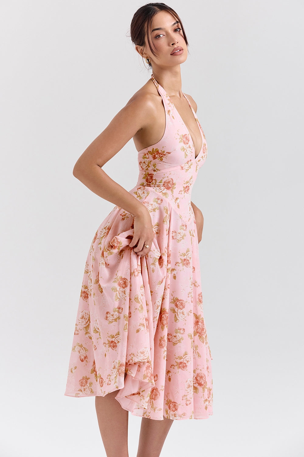 Rose Print Georgette Halter Plunge Full Skirt Midi Dress 6