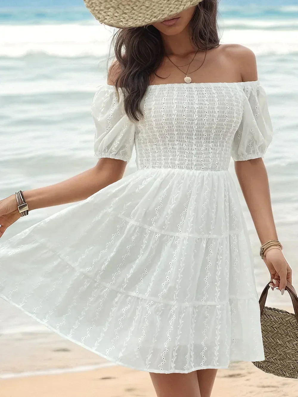 Eyelet Off Shoulder Puff Sleeve Smocked Bodice Tiered Mini Dress