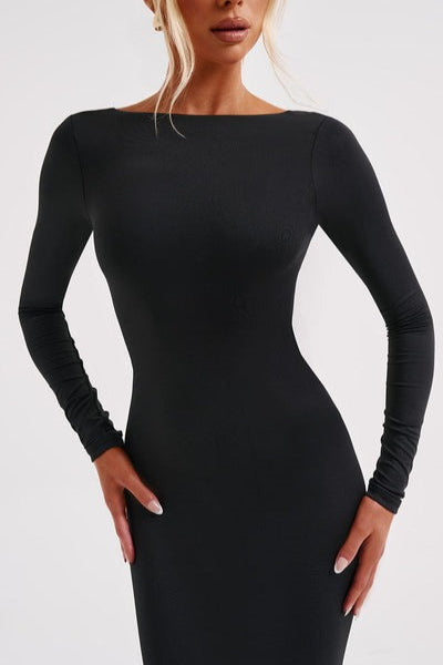 Long Sleeve Open Back Ruched Bodycon Mermaid Maxi Dress