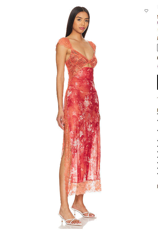 Floral Lace Trim Cut Out Slip Midi Dress 42