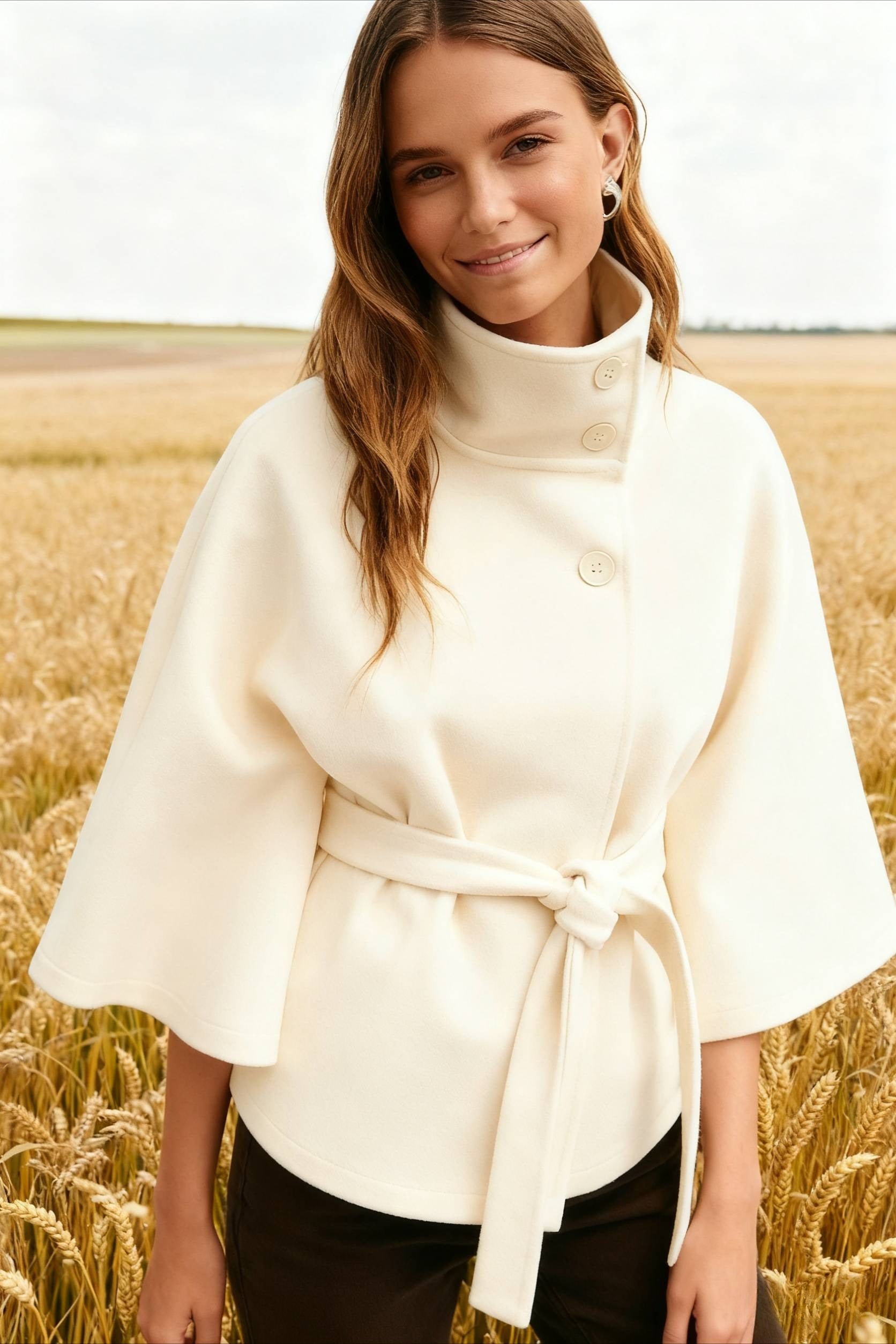 Button Up Stand Collar Cape Coat