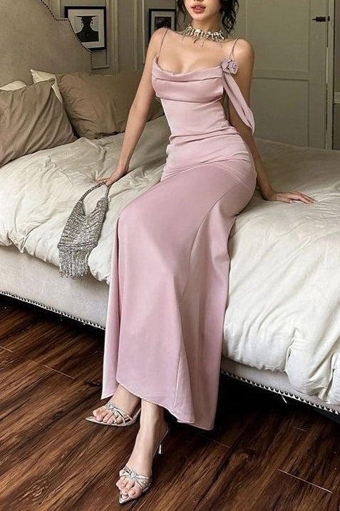 Satin Cowl Neck Spaghetti Strap Rosette Mermaid Maxi Gown 3