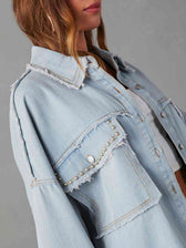 Long Raw Down Arm Denim Top Hem Button Jacket