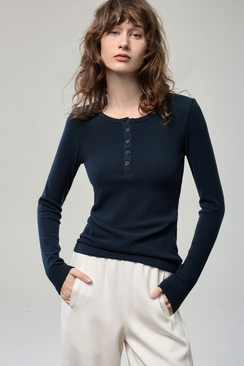 Stretchy Ribbed Henley Long Sleeve Top