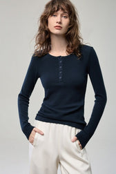 Stretchy Ribbed Henley Long Sleeve Top
