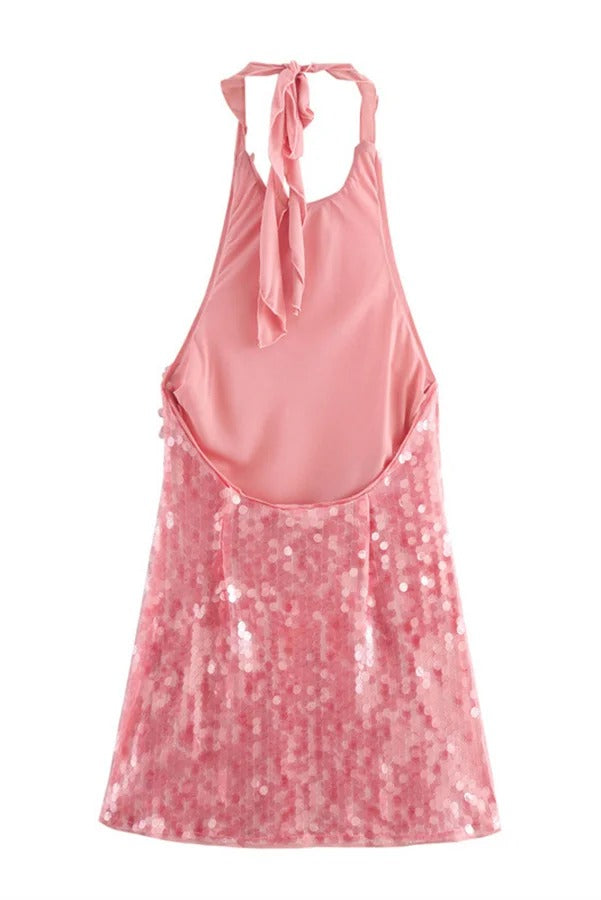 Katherine Aesthetic Backless Halterneck Mini Dress with Rose Disc Pattern and Sequins Designer Edit