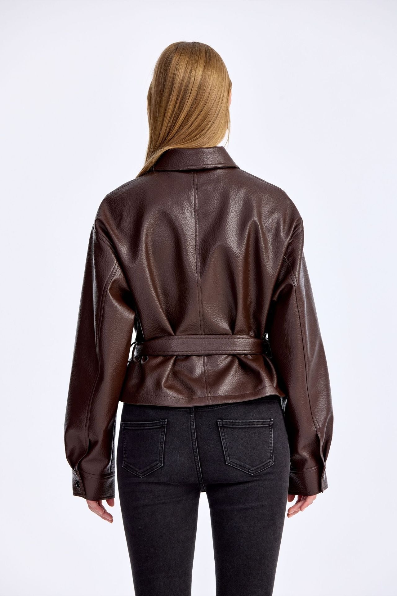 Cropped PU Notch Collar Jacket
