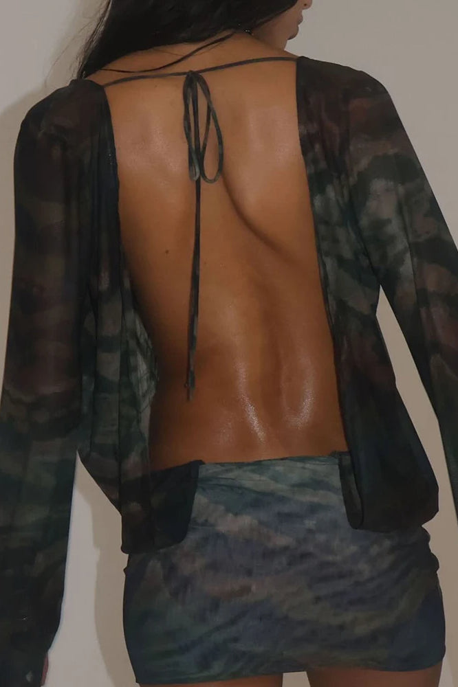 Tie-Dye Deep V Neck Backless Mini Dress