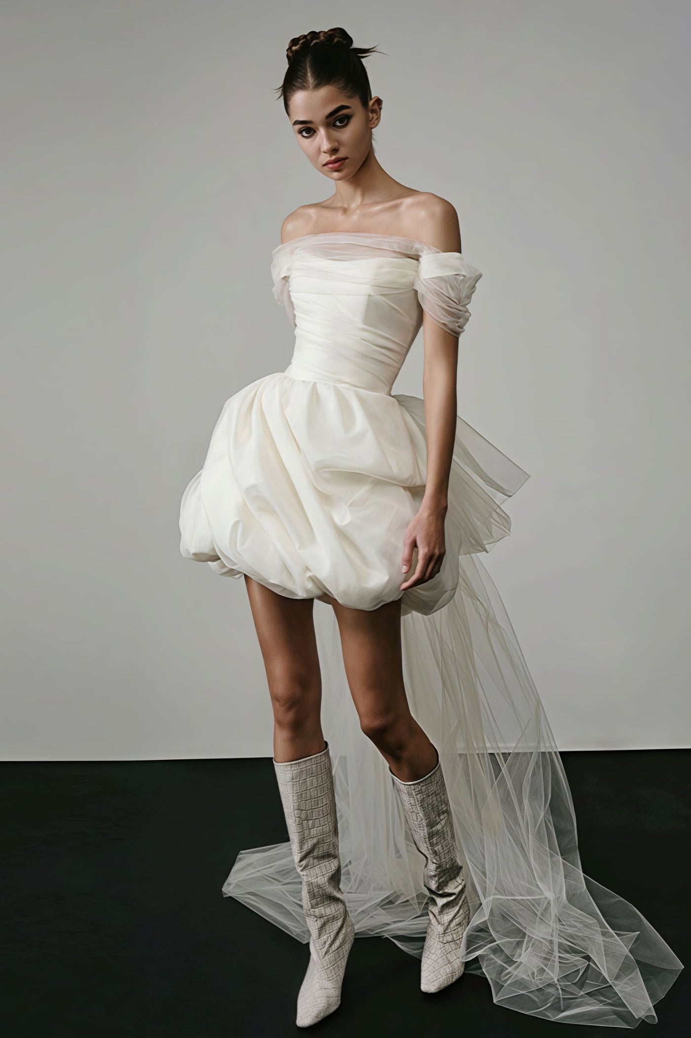 Tulle Off Shoulder Ruched Bubble Hem Mini Dress