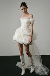 Tulle Off Shoulder Ruched Bubble Hem Mini Dress
