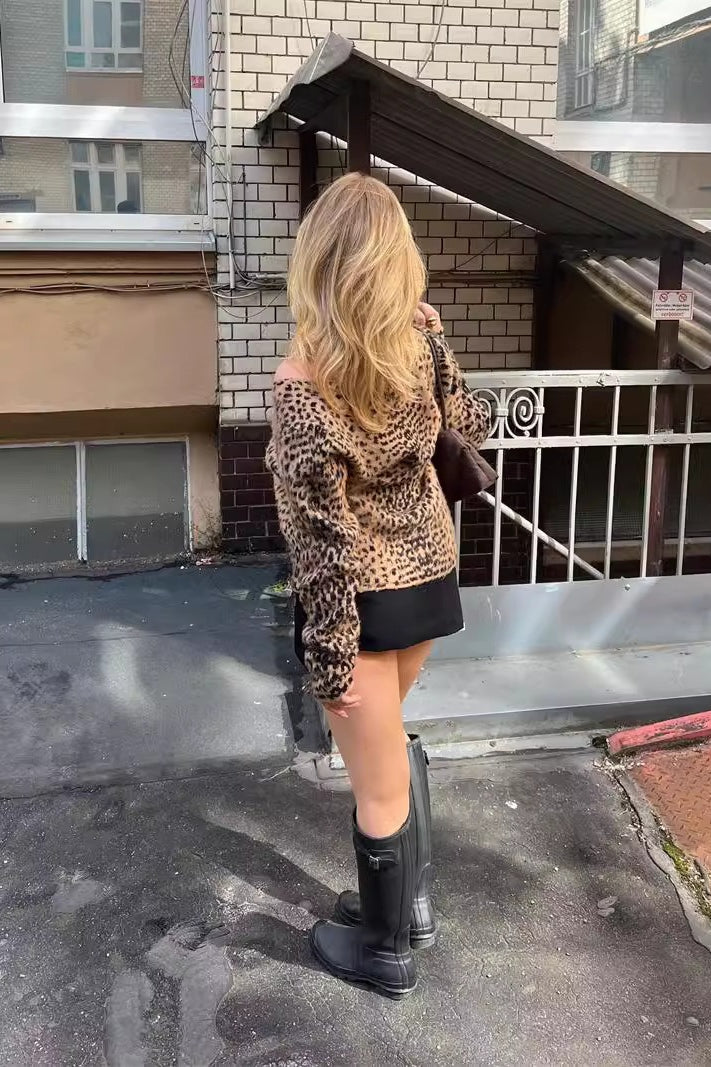 Leopard Mohair VNeck Knit Top
