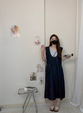 Faux Two Piece Denim Sleeveless Ruffle Trim A-Line Midi Dress 23