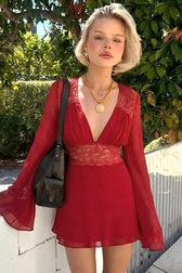 Lace Trim Deep V Mesh Flared Sleeve Fit Lace Dress
