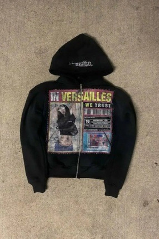 Poster Graphic Print Embroidered Hood Zip Front Hoodie