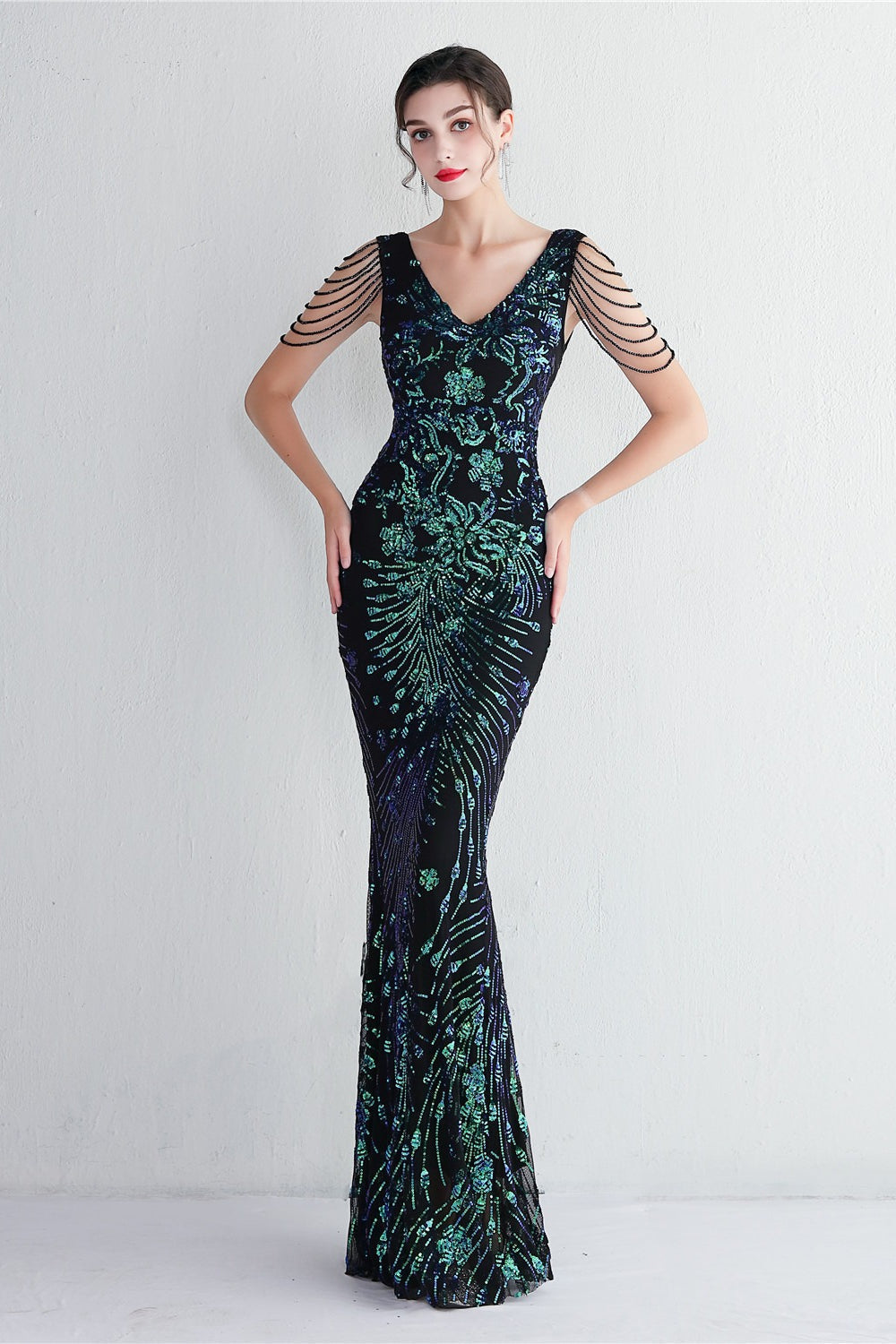 Sequin V-Neck Beaded Fringe Sleeve Mermaid Evening Gown