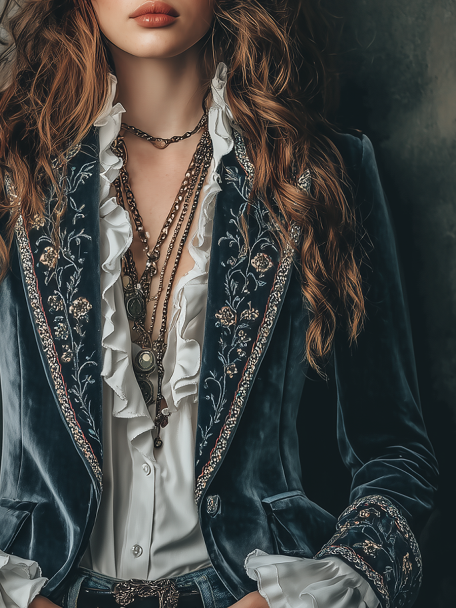 Floral Embroidered Velvet Notch Lapel Blazer