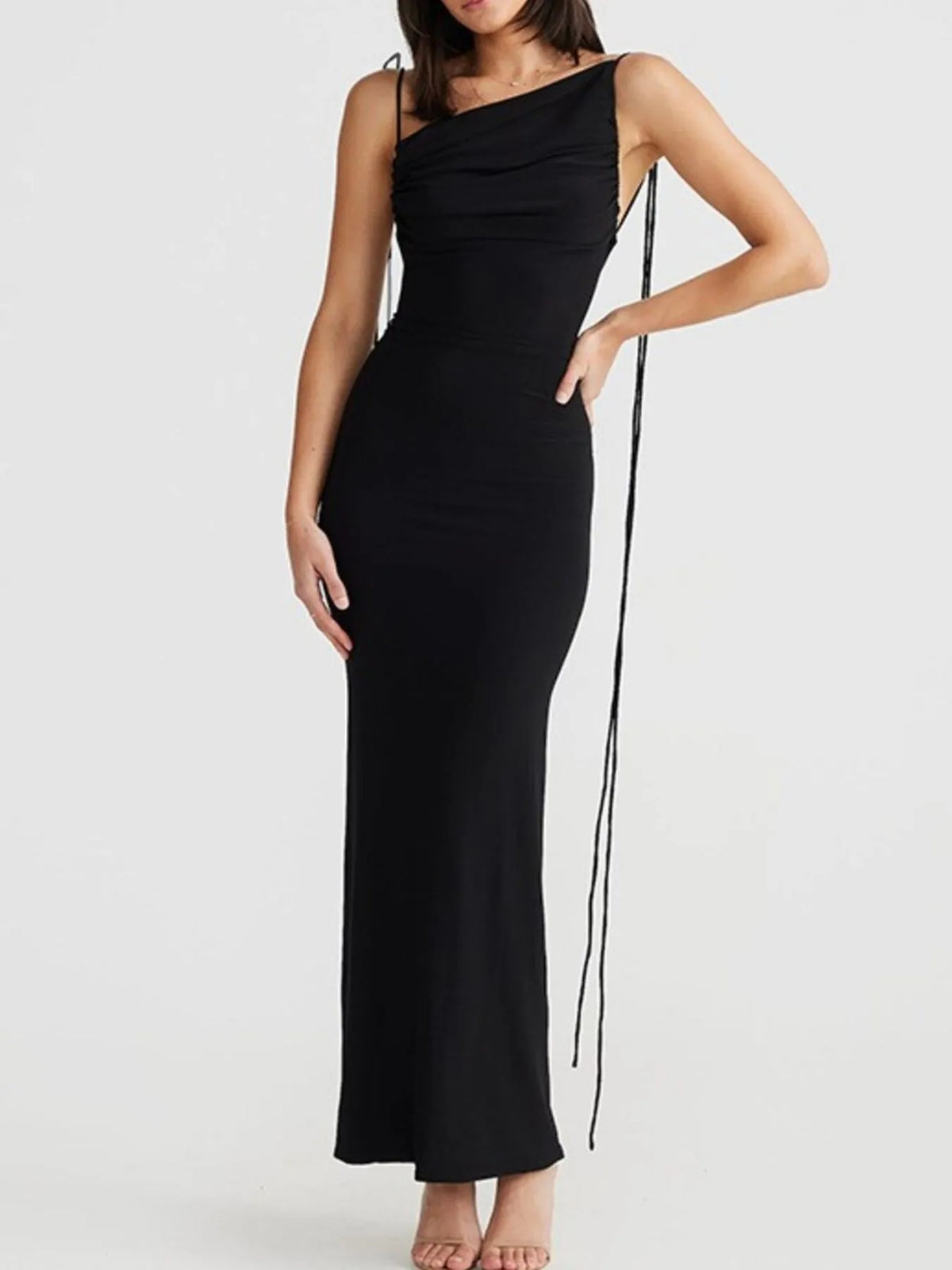 Asymmetric Neck Ruched Bust Tie Strap Open Back Bodycon Maxi Dress