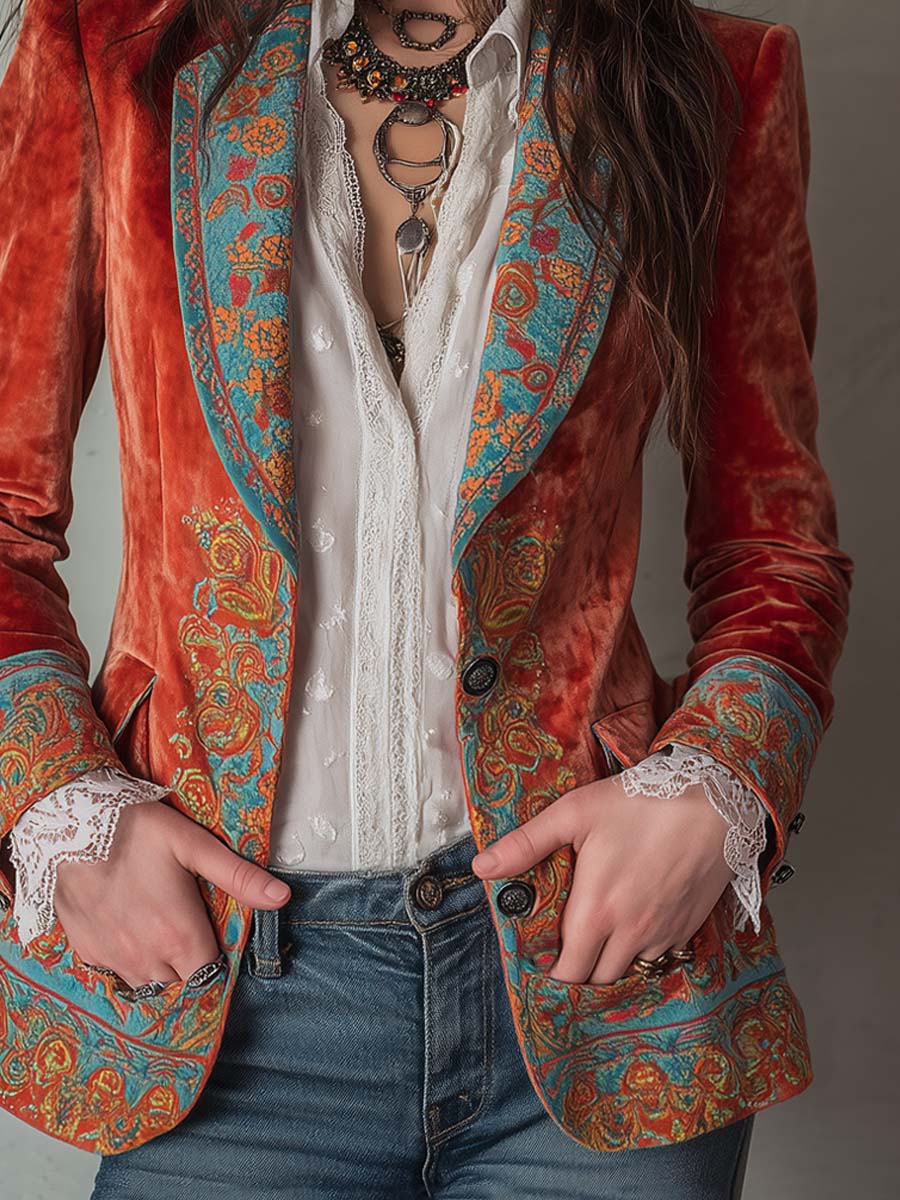 Paisley Print Velvet Peak Lapel Single Button Blazer 4