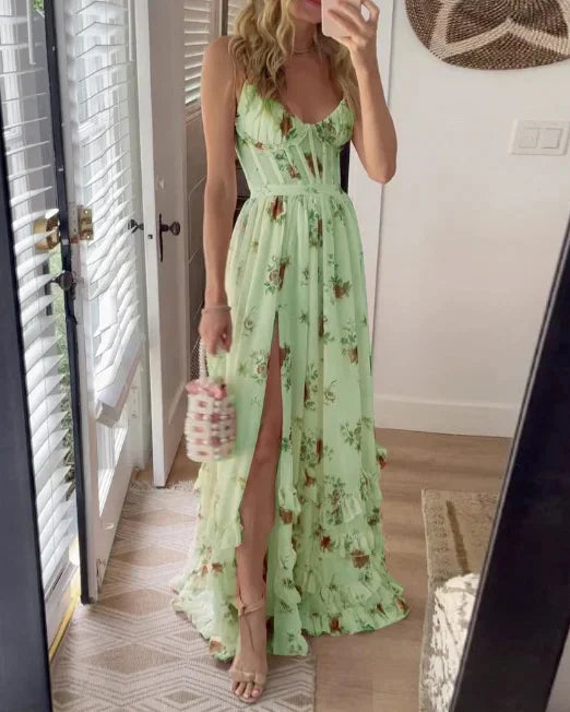 Floral Corset Bodice High Split Ruffle Hem Maxi Dress