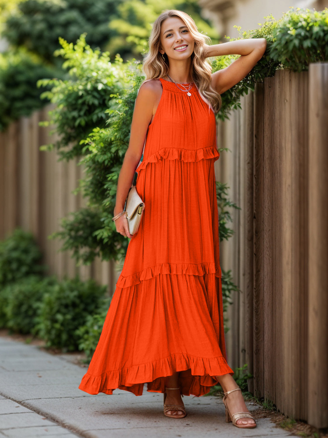 Halter Neck Sleeveless Ruffle Trim Tiered Maxi Dress with Pockets 29