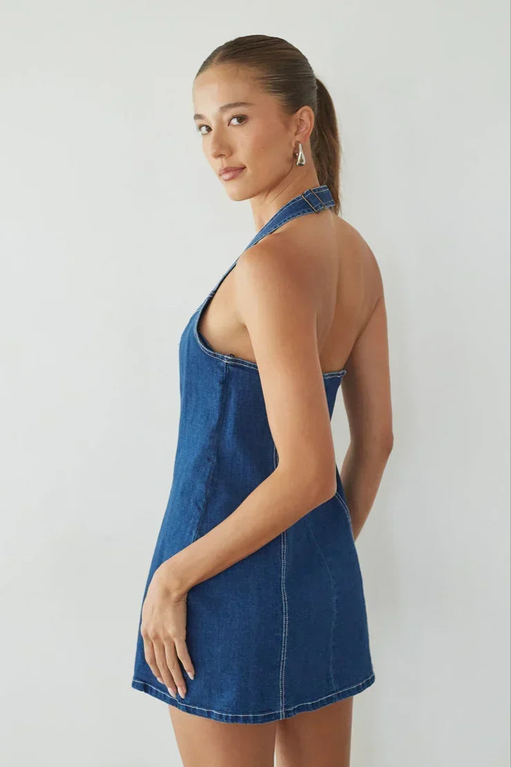 Denim-Look Halter V-Neck Zip Front Topstitched Mini Dress 3