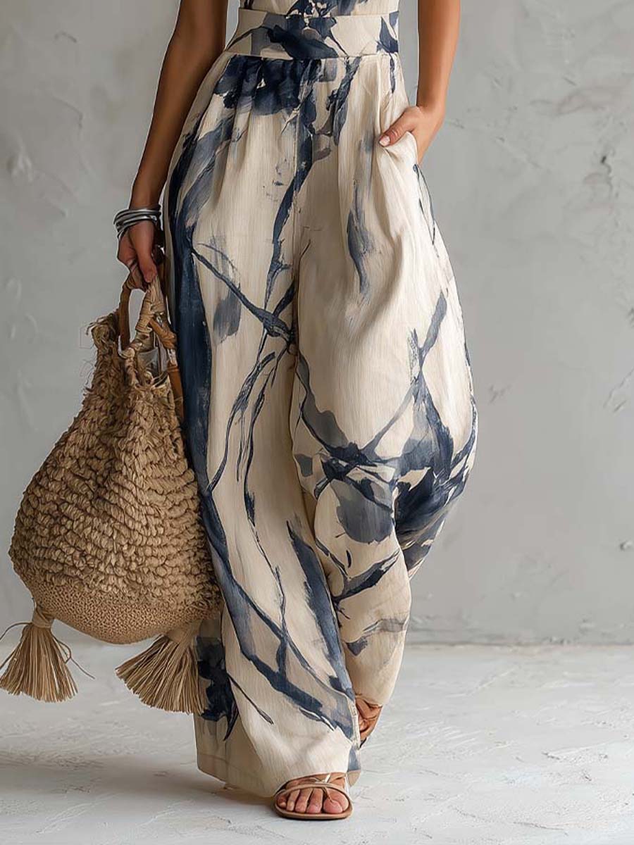 Abstract Print Halter Neck Wide Leg Jumpsuit
