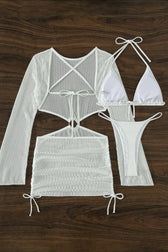 Mesh Hollow Out Drawstring Tie Three Piece Swim Set