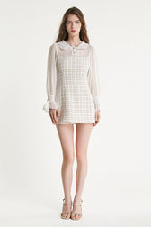 White Mesh Yoke Tweed Mini Dress - View 3