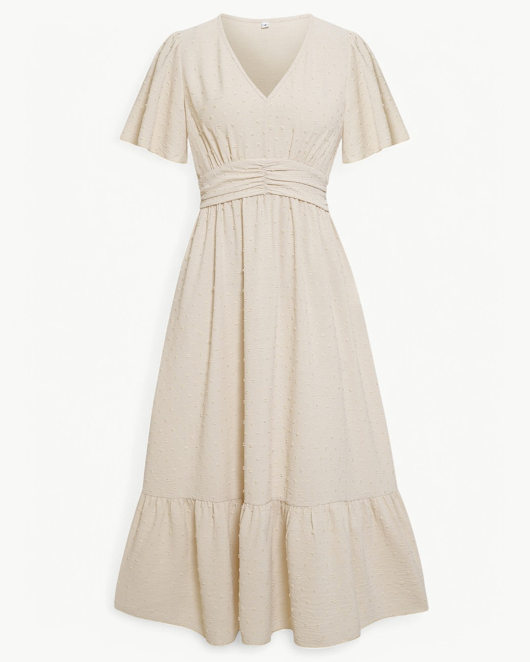 Swiss Dot V-Neck Flutter Sleeve Ruched Waist Tiered Midi Dress