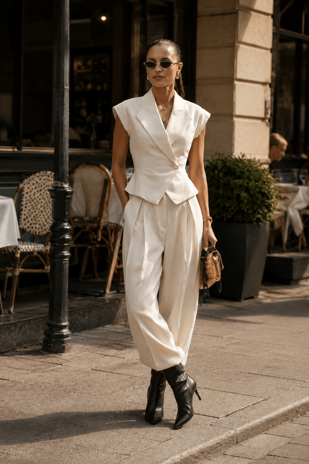 Cinched Sleeveless Vest High Waist Wide Leg Work Set