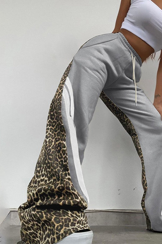 Leopard Print Panel Striped Drawstring Waist Fleece Sweatpants 3