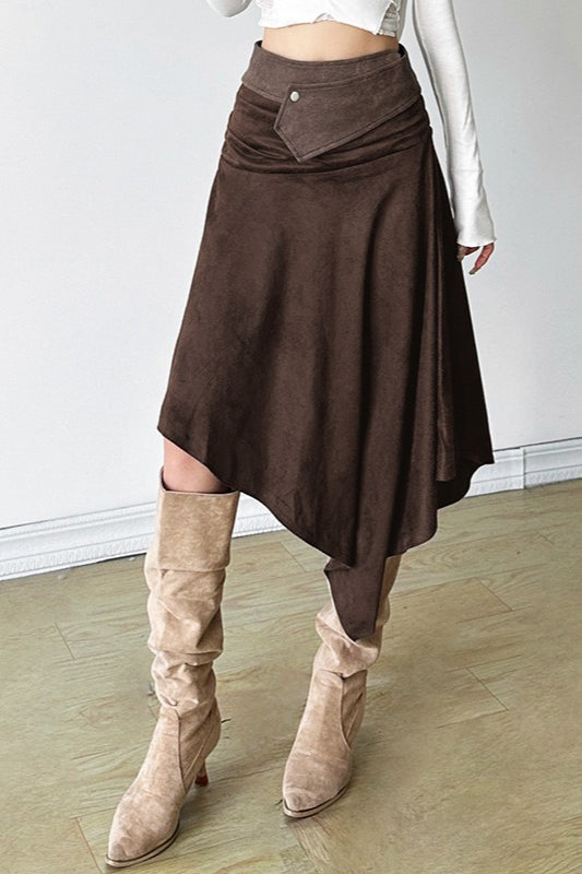 Suede-Look Fold Over Waist Ruched Asymmetric Hem Midi Skirt 2