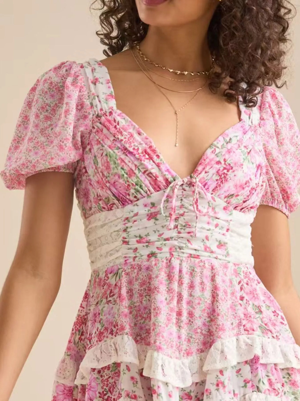 Floral Print Lace Trim Sweetheart Puff Sleeve Tiered Mini Dress 2