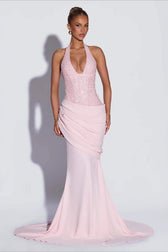 Sequin Patch Halter Deep V Ruched Train Maxi Bodycon Dress