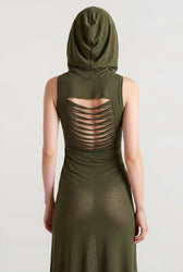 Hollow Back Slit Hooded Midi Dress