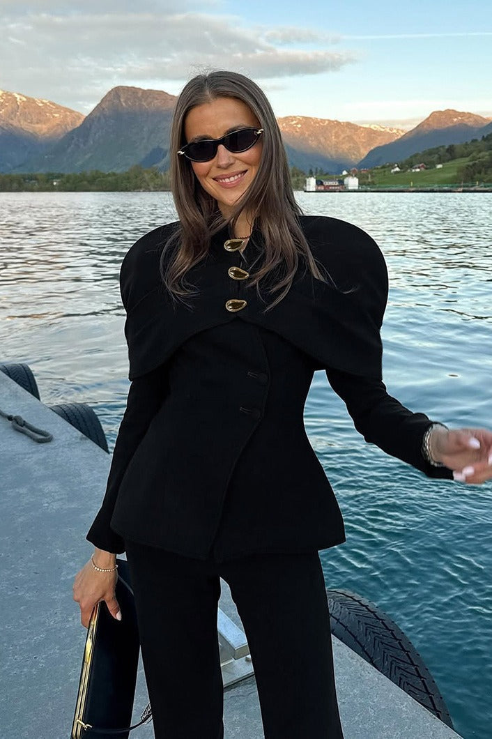 Cape Overlay Shoulder Fitted Waist Long Sleeve Blazer 2