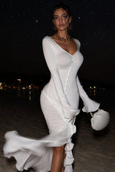 V Neck Flared Sleeve Ruffle Slit Party Dress