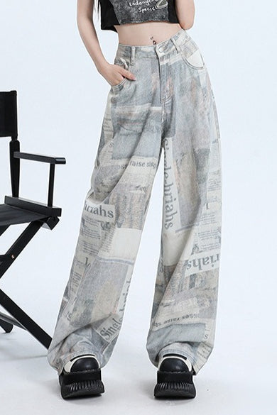 Newspaper Print Wide Leg Jean