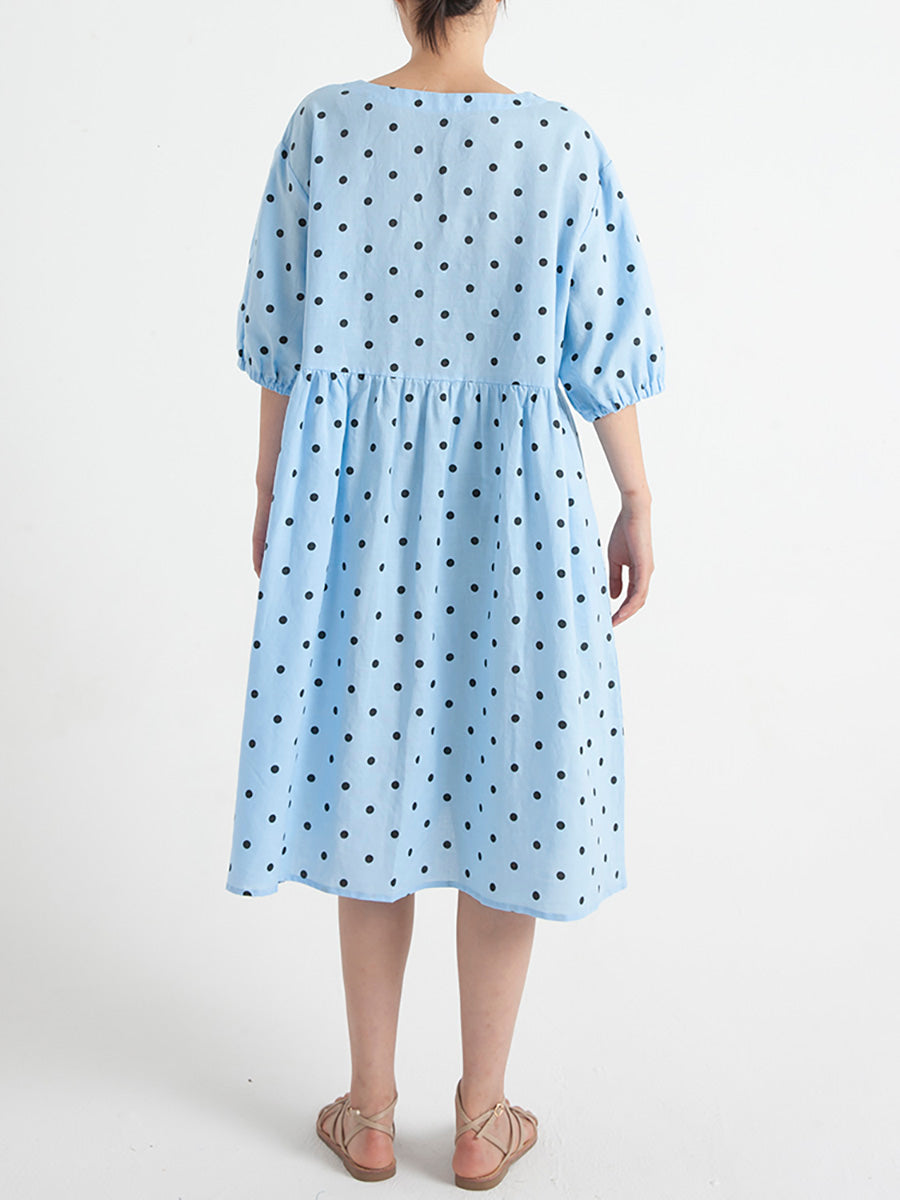 Polka Dot V-Neck Puff Sleeve Empire Waist Midi Dress