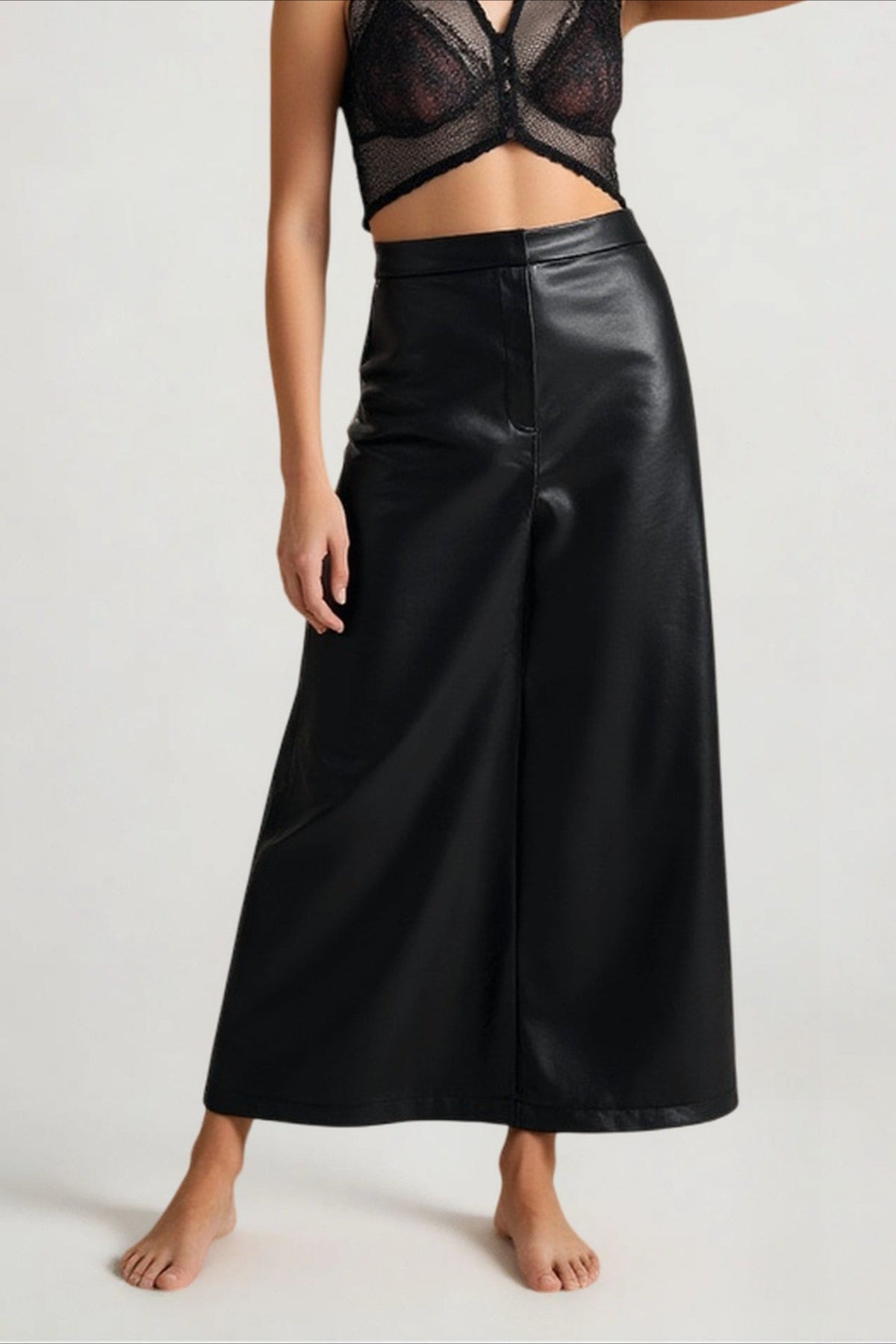 High Waist Faux Leather Front Slit A-Line Maxi Skirt